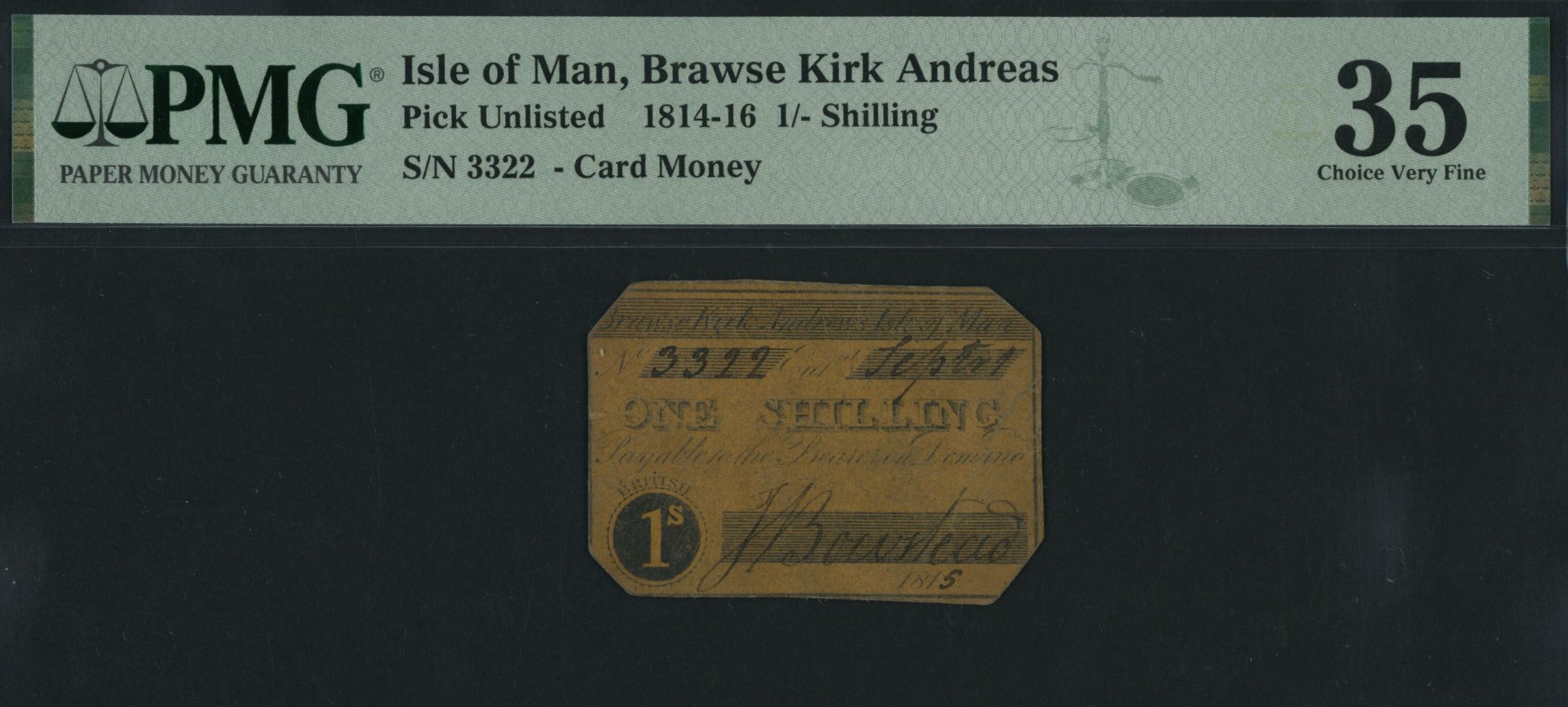 Isle of Man, Brawse Kirk Andreas  1/- Shilling (1814-16), serial number 3322