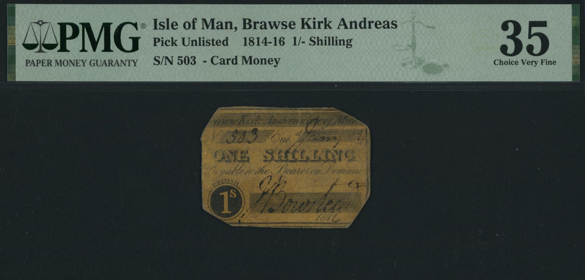 Isle of Man, Brawse Kirk Andreas  1/- Shilling (1814-16), serial number 503