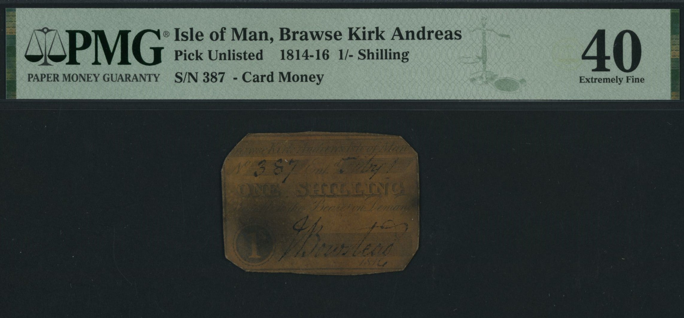 Isle of Man, Brawse Kirk Andreas  1/- Shilling (1814-16), serial number 387