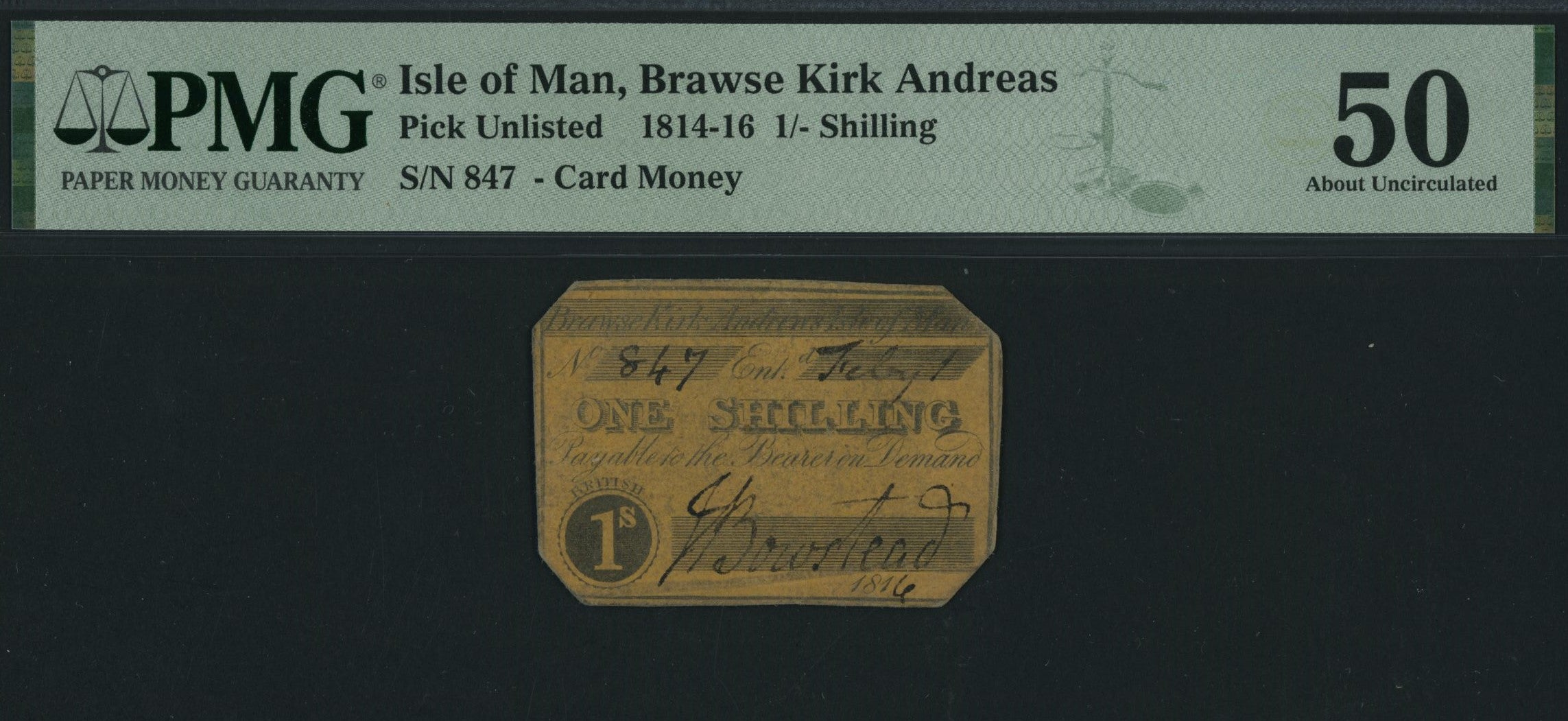 Isle of Man, Brawse Kirk Andreas 1/- Shilling Shilling (1814-16), serial number 847