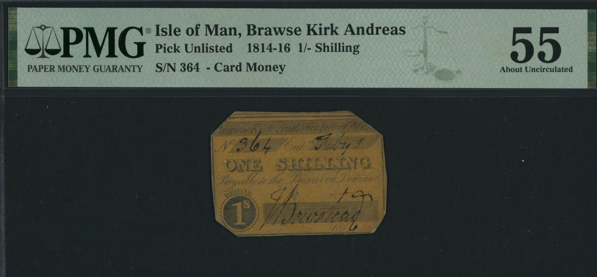 Isle of Man, Brawse Kirk Andreas 1/- Shilling (1814-16), serial number 364,