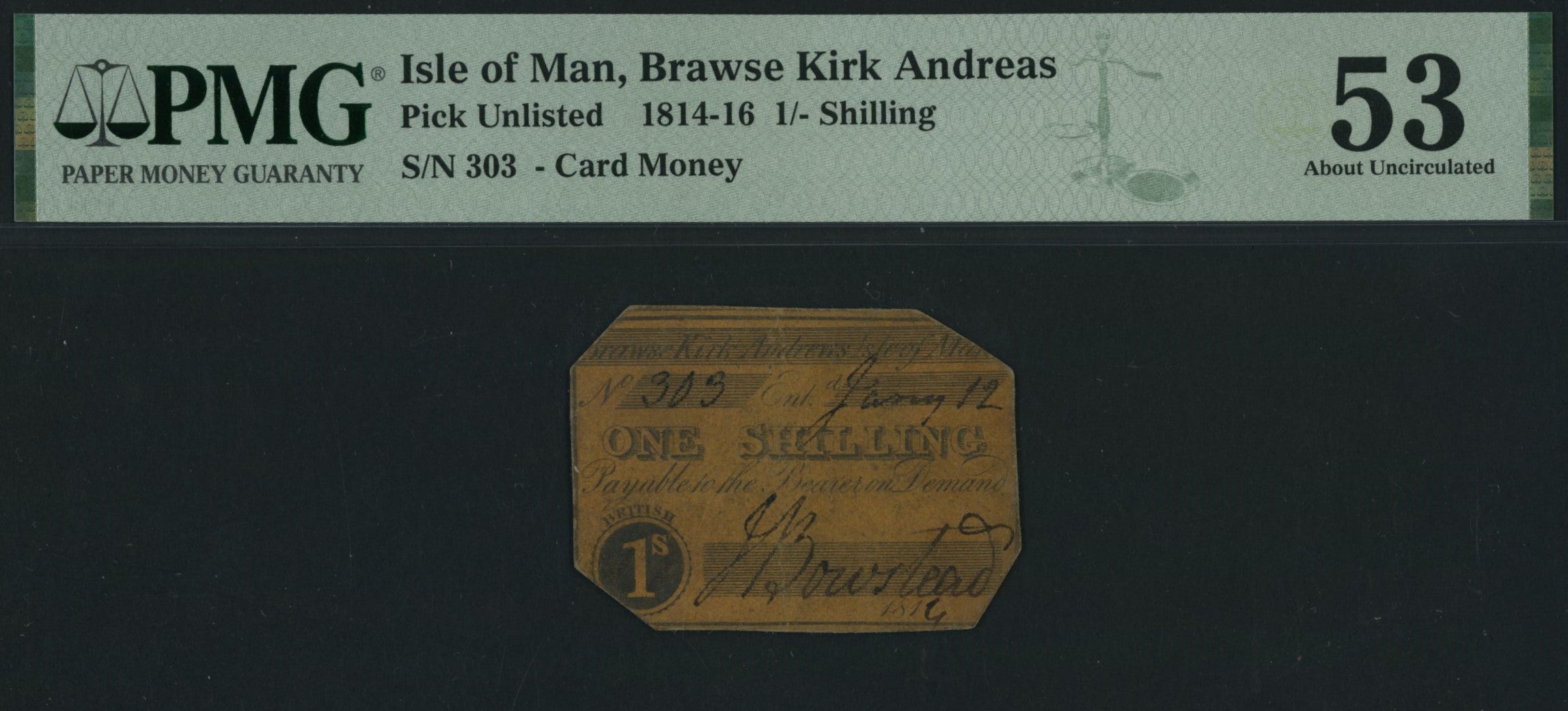 Isle of Man, Brawse Kirk Andreas 1/- Shilling (1814-16), serial number 303