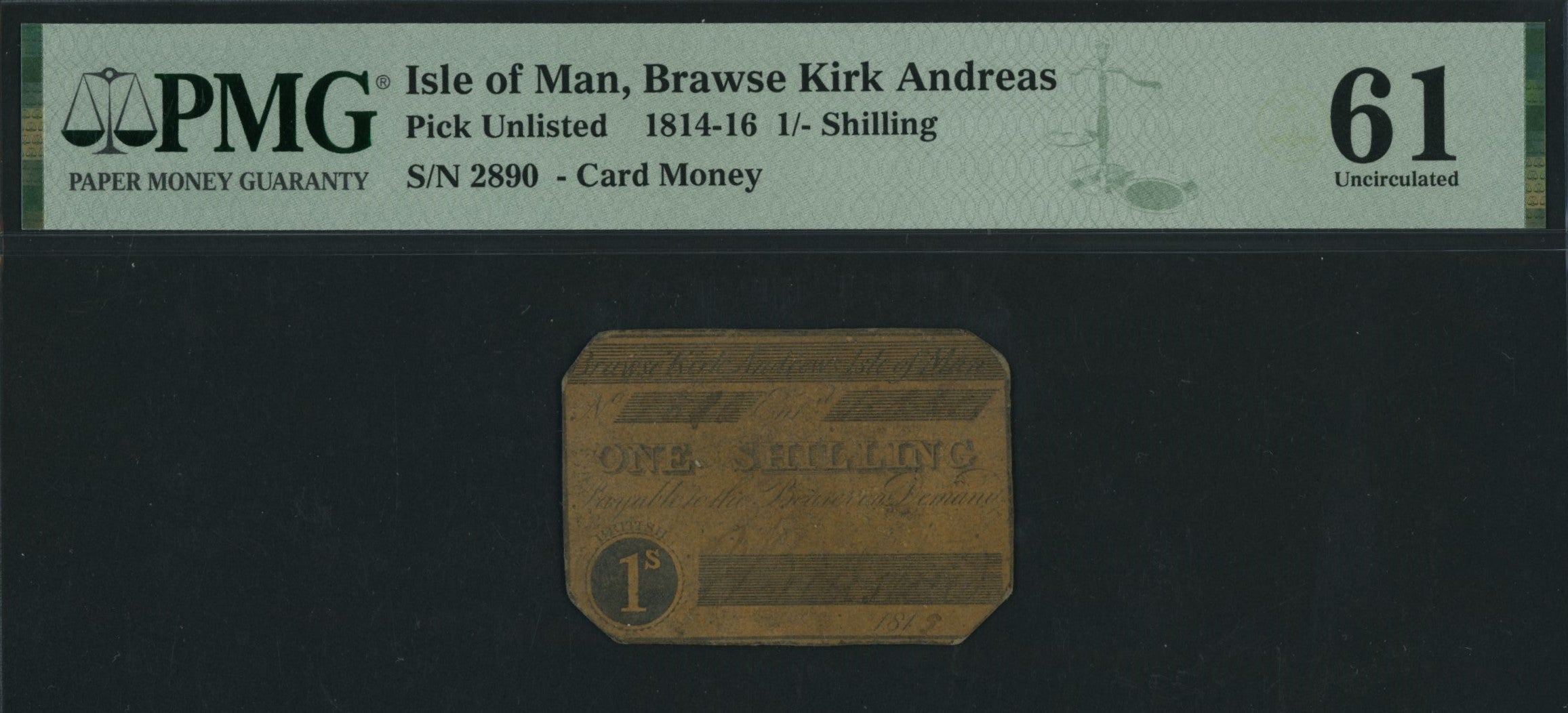 Isle of Man, Brawse Kirk Andreas 1/- Shilling (1814-16), serial number 2890