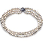 Load image into Gallery viewer, Three Strand Cultured Pearl Necklace with Sapphire and Diamond 9K White Gold Clasp, 40cm
