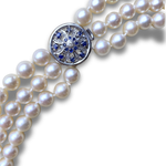 Load image into Gallery viewer, Three Strand Cultured Pearl Necklace with Sapphire and Diamond 9K White Gold Clasp, 40cm

