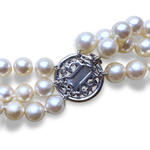 Load image into Gallery viewer, Three Strand Cultured Pearl Necklace with Sapphire and Diamond 9K White Gold Clasp, 40cm
