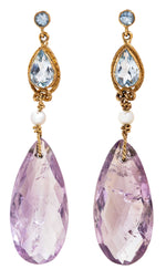 Load image into Gallery viewer, Amethyst, Aquamarine and Pearl Drop Earrings in 9K Gold
