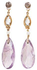 Load image into Gallery viewer, Amethyst, Aquamarine and Pearl Drop Earrings in 9K Gold
