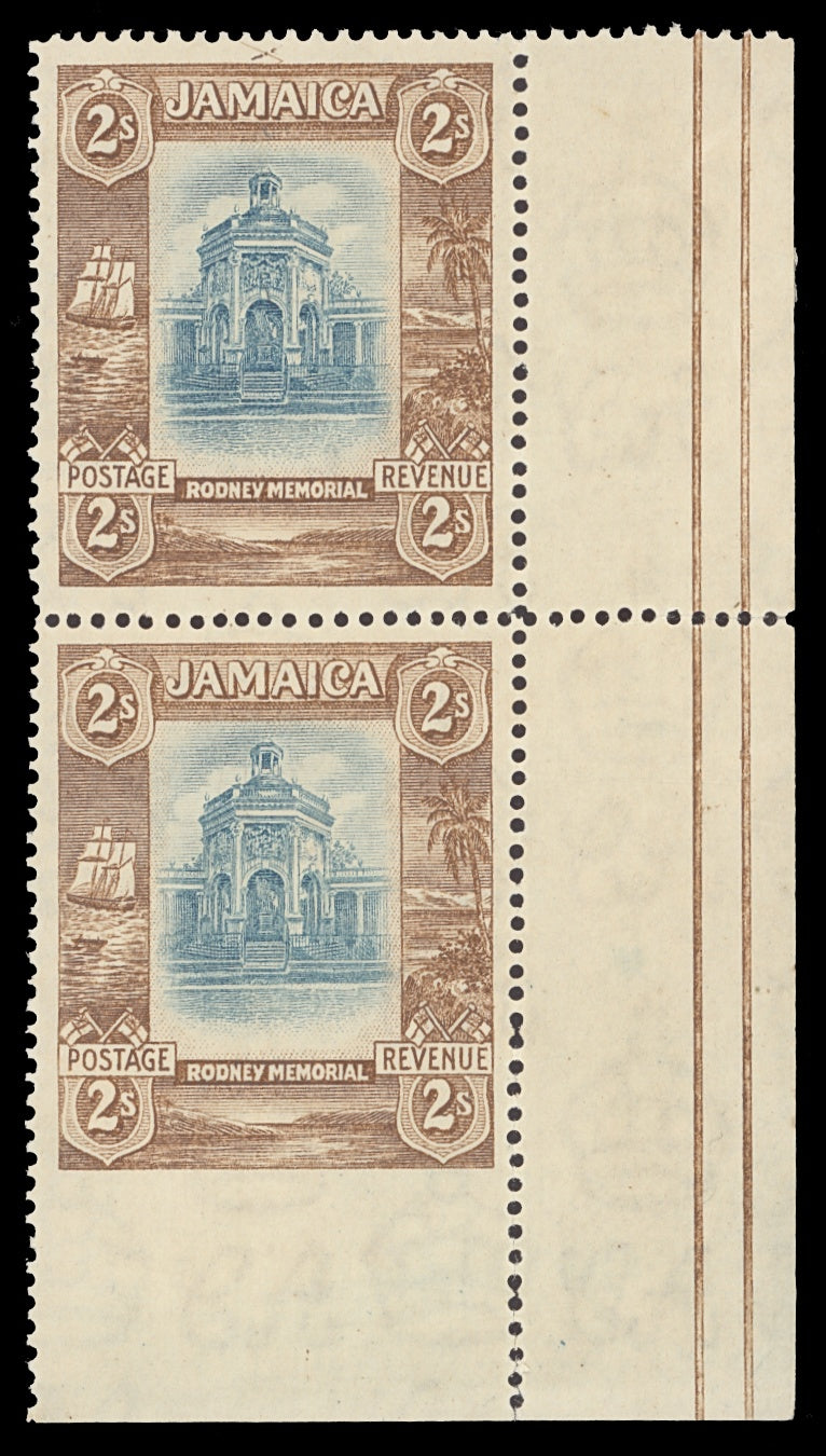 RARE Imperforate Between Stamp and Margin: Jamaica Pictorial 2/- Light Blue and Brown Lower Right Corner Vertical Pair