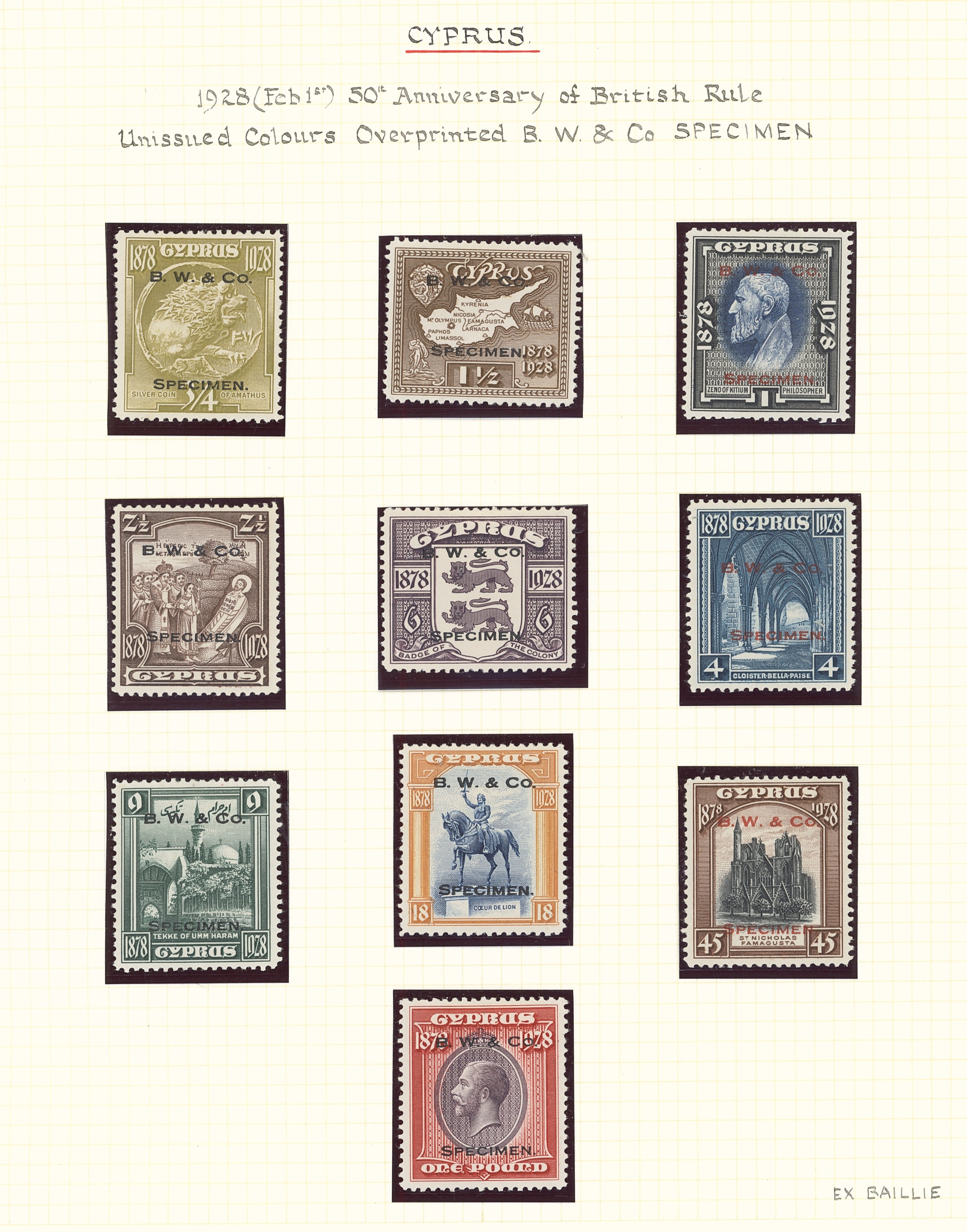 RARE Cyprus 50th Anniversary Set of 10 Colour Samples, 1928