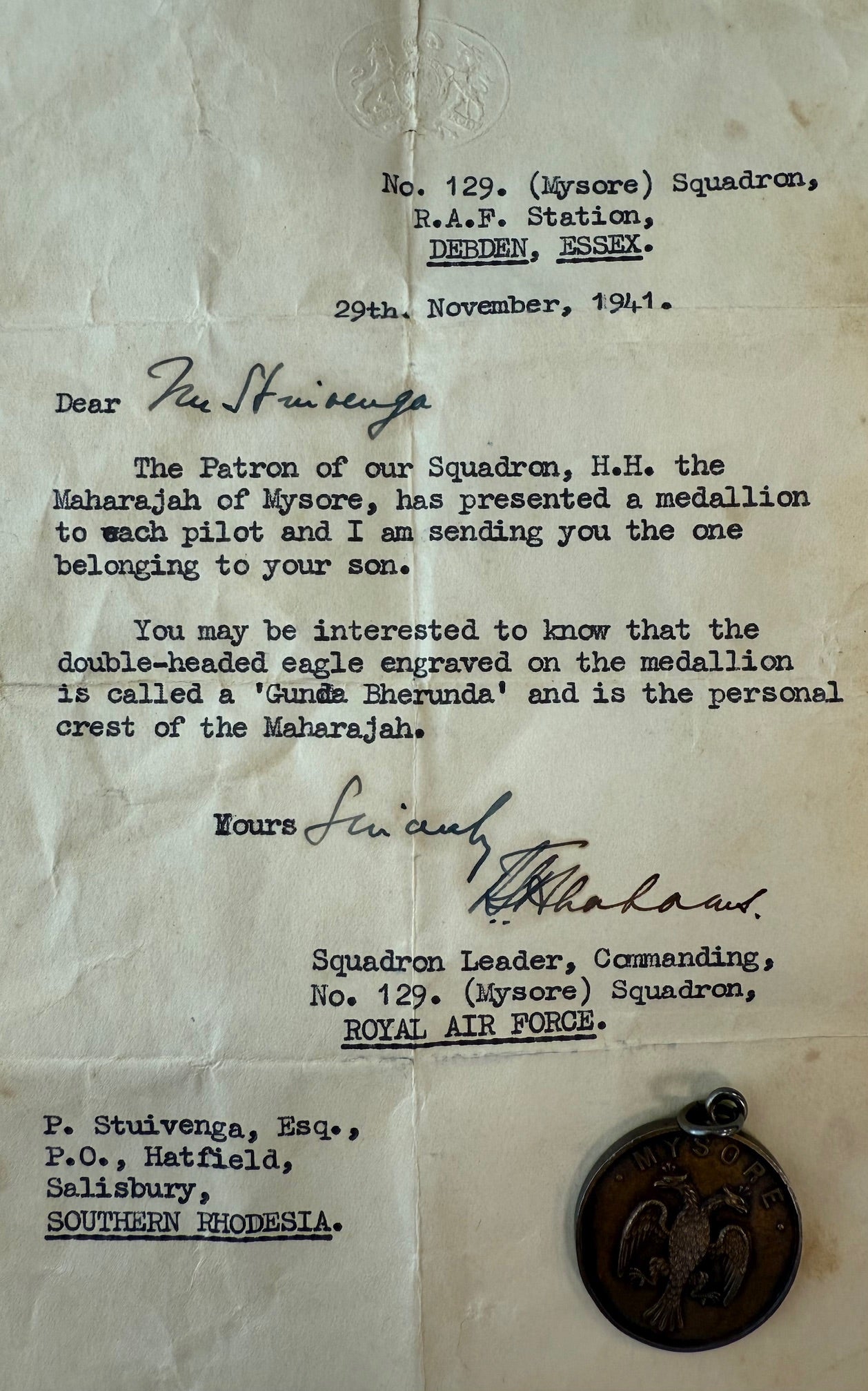 No. 129 (Mysore) Squadron RAF hallmarked silver medallion