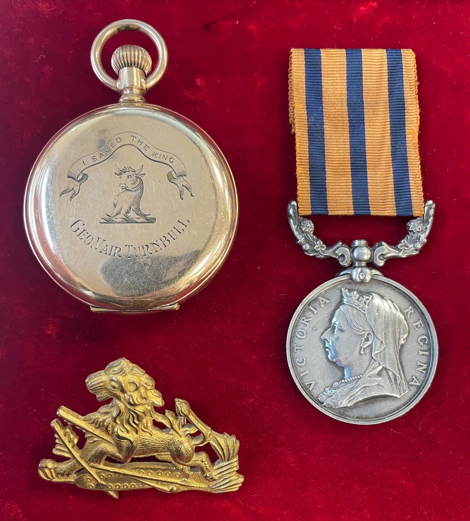 The Medal, pocket watch &amp; cap badge of Lieutenant G. V. Turnbull, Salisbury Volunteer Corps