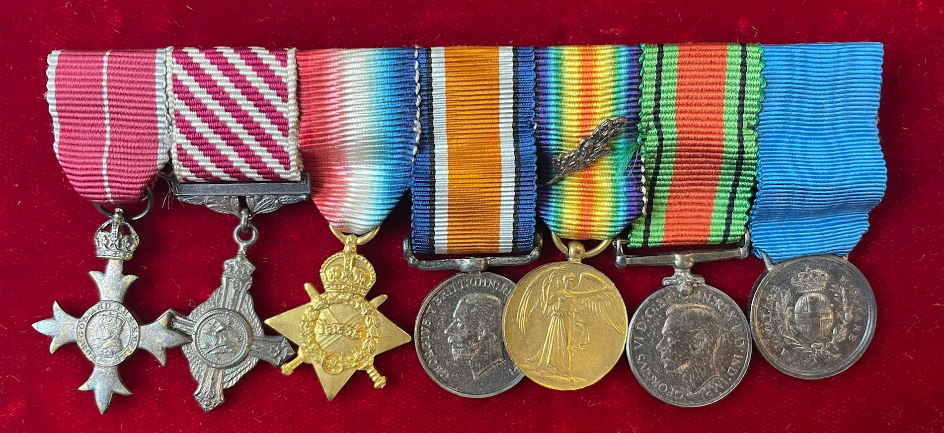 The group of seven miniature medals worn by Lieutenant-Colonel R. J. J. Hope-Vere, O.B.E., A.F.C., Royal Air Force, late Royal Naval Air Service, a Seaplane Pilot with No 66 Wing in the Adriatic theatre in 1918