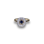 Load image into Gallery viewer, 1988 Sapphire and Diamond Halo Ring in 9K Gold, Modern Art Deco Style, Size N
