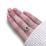 Load image into Gallery viewer, 1988 Sapphire and Diamond Halo Ring in 9K Gold, Modern Art Deco Style, Size N
